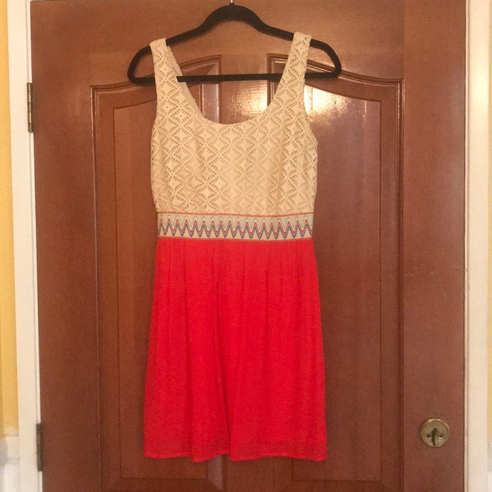 Tan and red dress